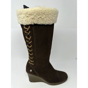 UGG Felicity Boots Womens 7 Dark Brown Wedge Shearling Suede Mid Calf Zip 5450